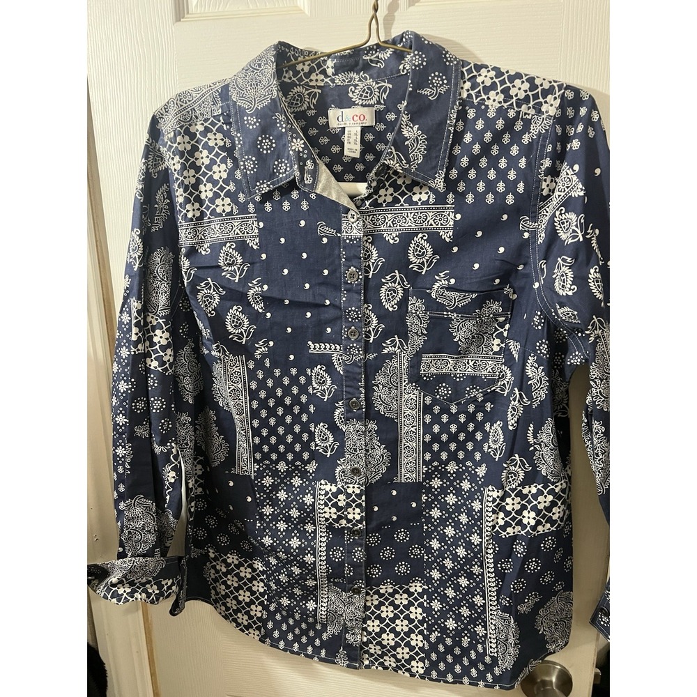 D&Co Denim & Co Shirt‎ Top Blue Paisley Long Sleeve Women Size L